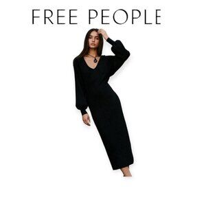 Free People Rosha Ribbed Sweater Midi Dress Balloon Sleeve V Neck Black XS Knit